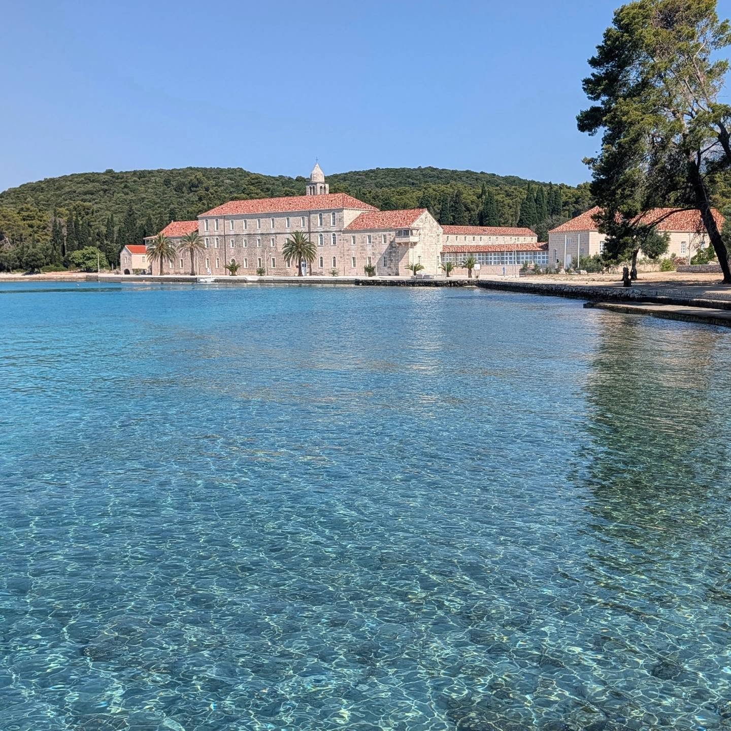 Clear Adriatic water beside a historic waterfront on Korčula island, Croatia
