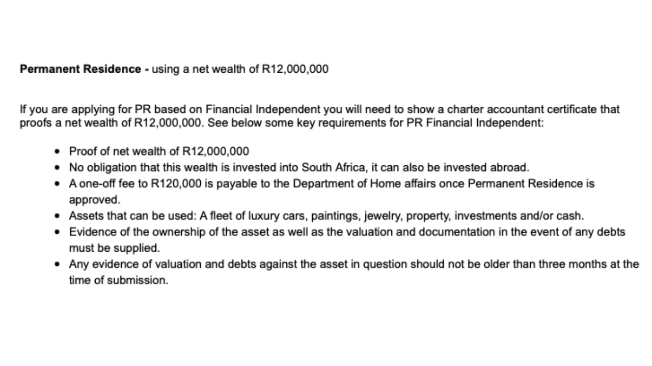 South African permanent residency financial requirements
