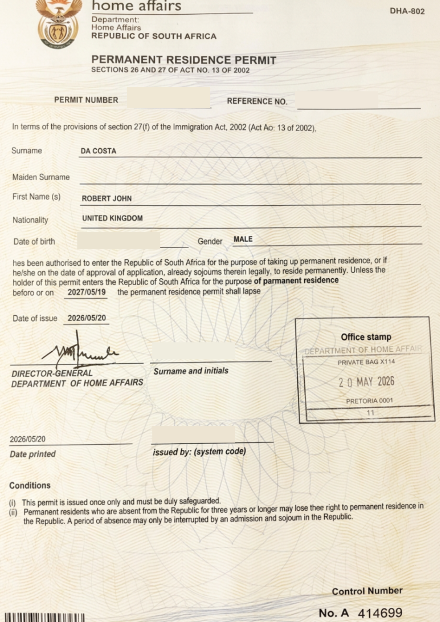 South African permanent residence certificate