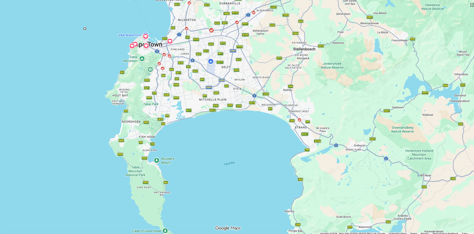 Map showing the main visitor areas around Cape Town