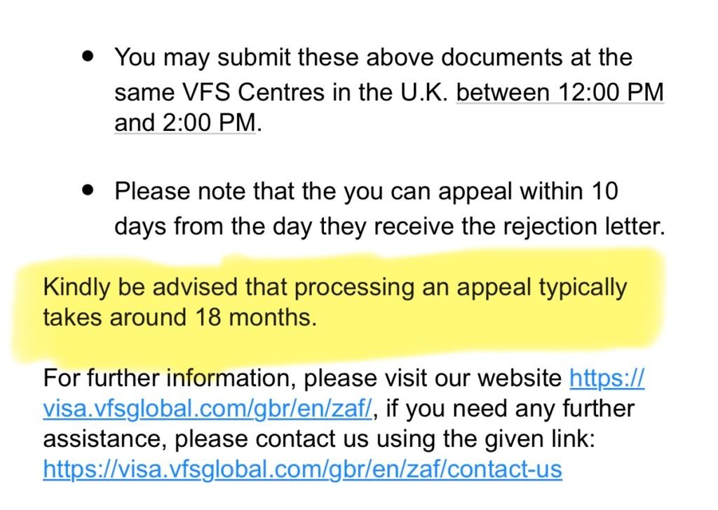 VFS notice advising that an appeal typically takes around 18 months