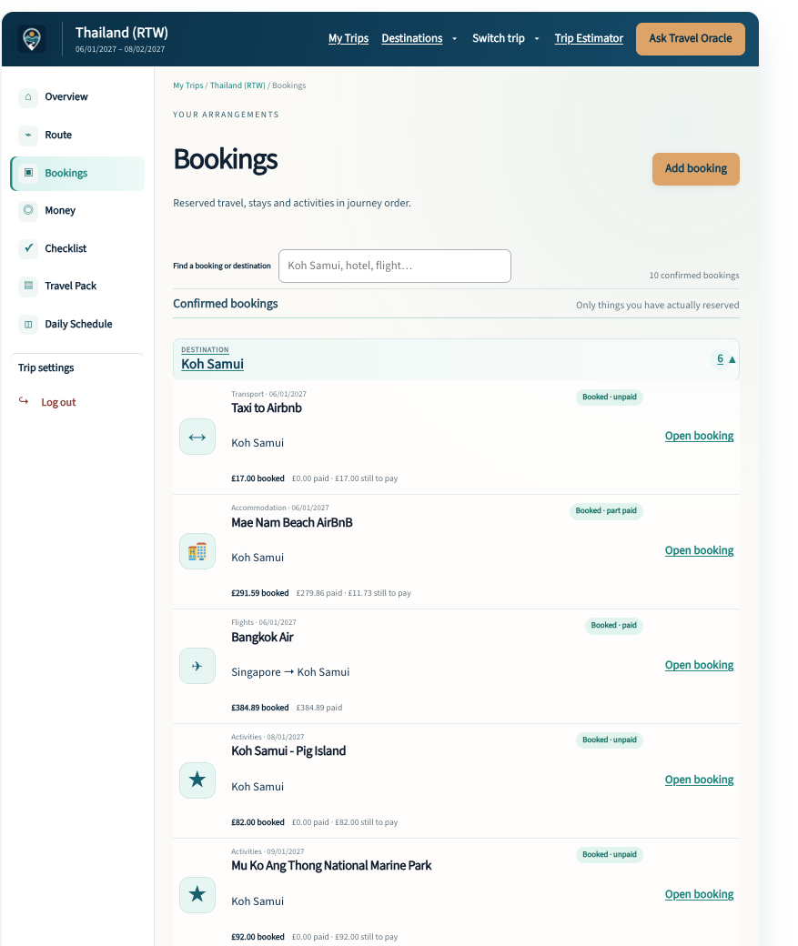 ETP My Bookings screen with accommodation and transport bookings