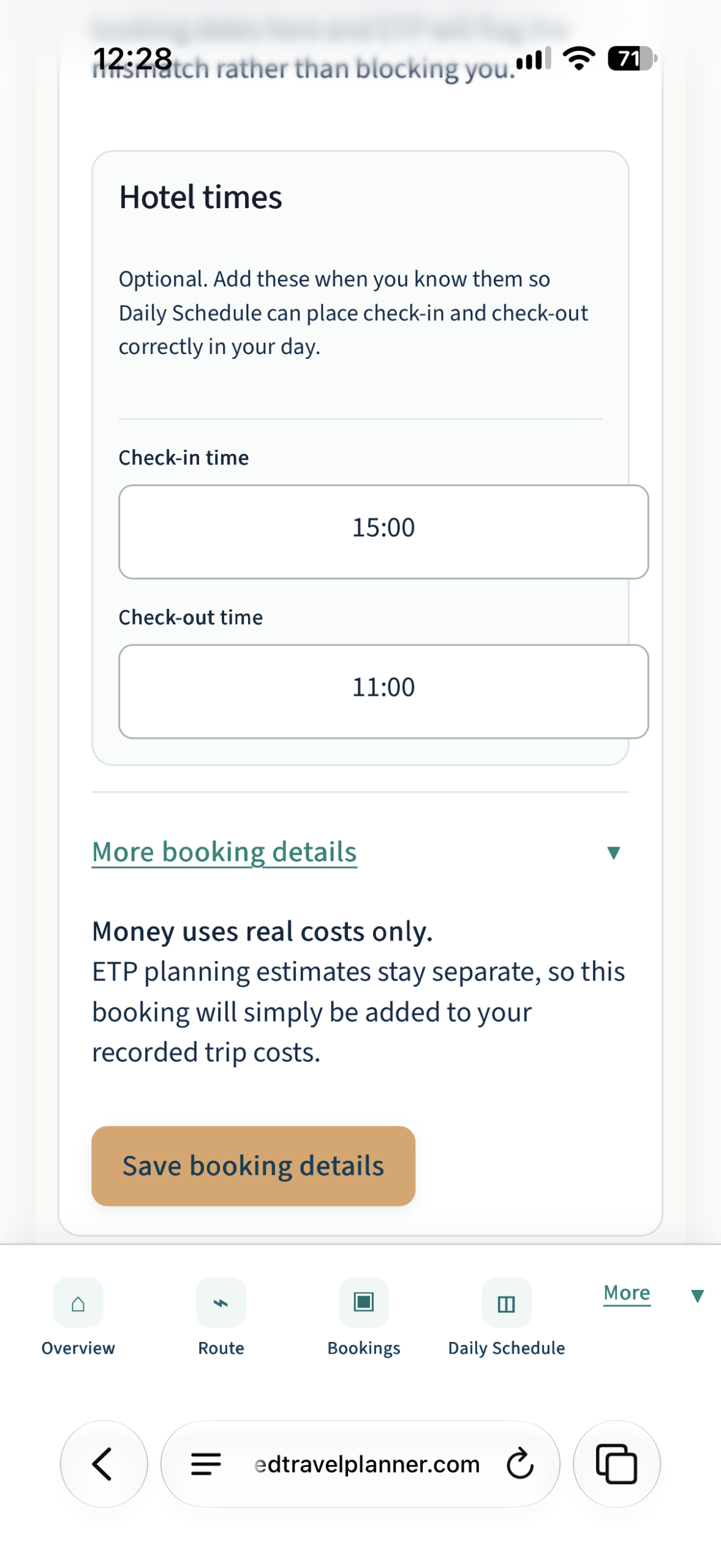 ETP offline mobile view with check-in times and booking details
