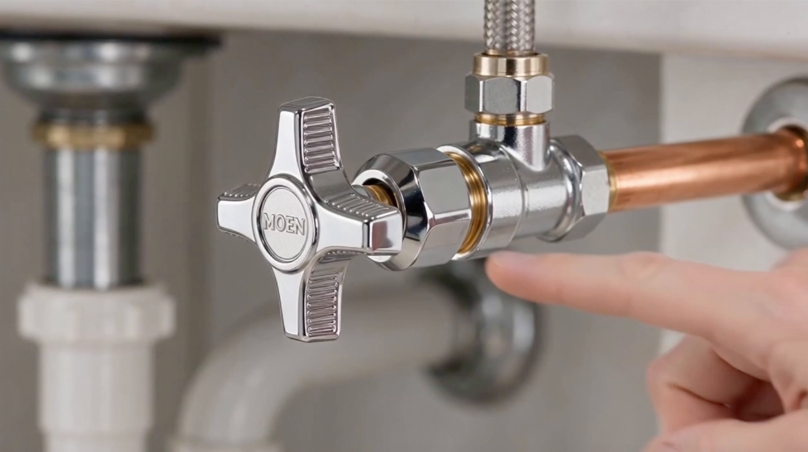 Hand pointing to the water stop tap beneath a kitchen sink